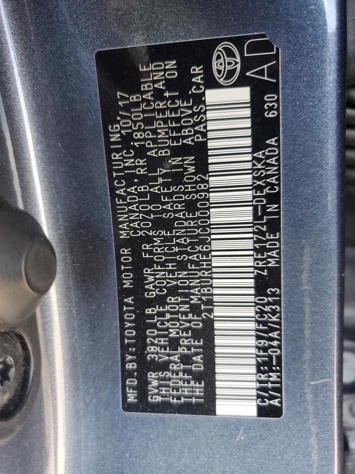 2018 Toyota Corolla L VIN: 2T1BURHE6JC000982 Lot: 63018655