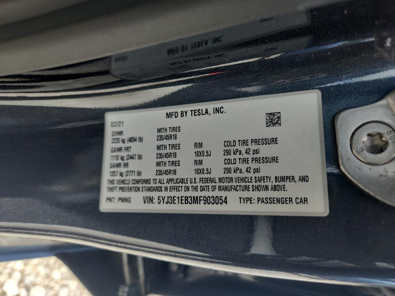 2021 Tesla Model 3 VIN: 5YJ3E1EB3MF903054 Lot: 80103585