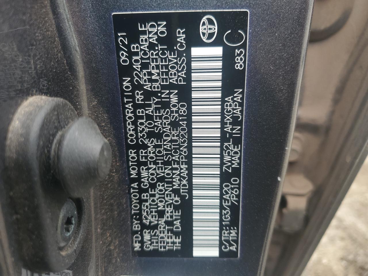 2022 Toyota Prius Prime Le VIN: JTDKAMFP6N3204180 Lot: 62600955