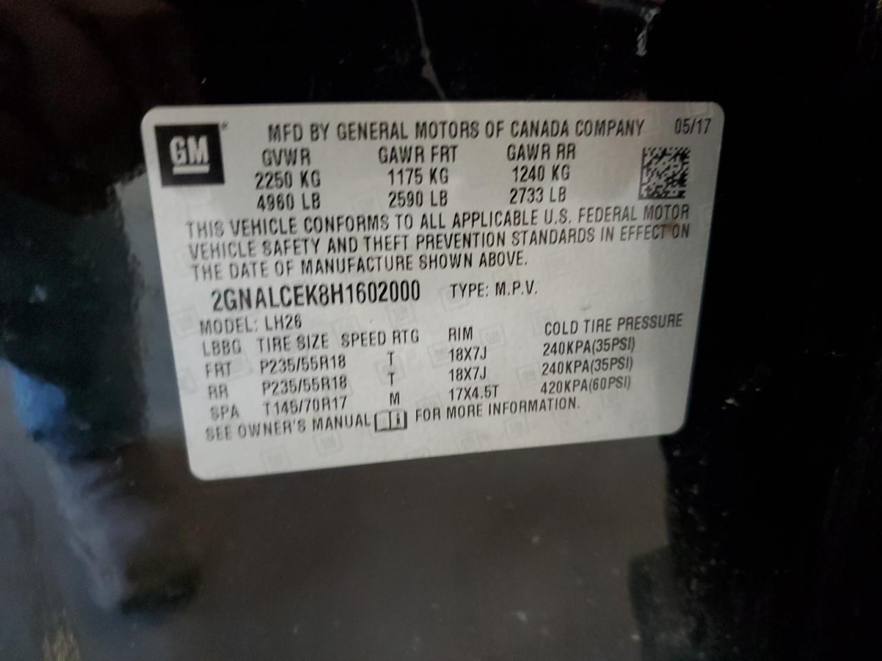 2GNALCEK8H1602000 CHEVROLET EQUINOX 2017