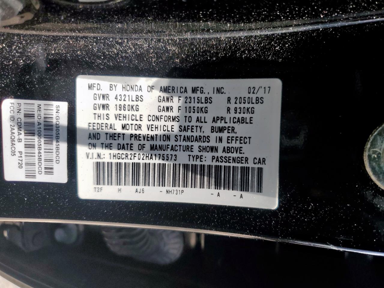 HONDA ACCORD 2017 VIN 1HGCR2F02HA175573 фото 12