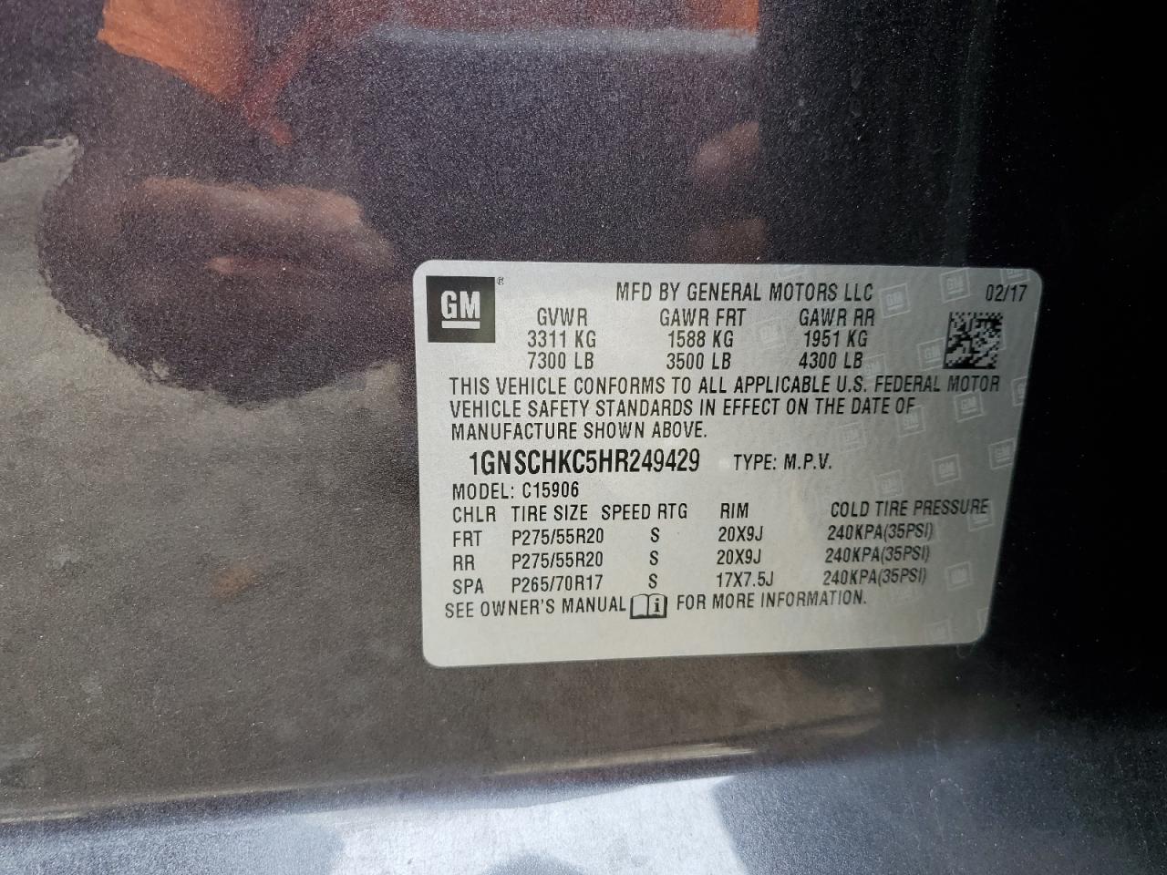 2017 Chevrolet Suburban C1500 Lt VIN: 1GNSCHKC5HR249429 Lot: 59838315