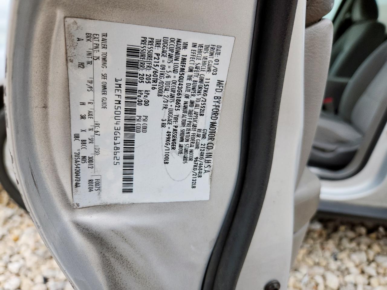 2003 Mercury Sable Gs VIN: 1MEFM50U43G618625 Lot: 60511065