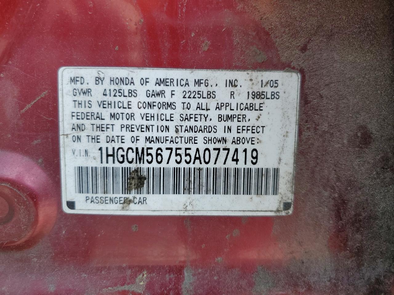 2005 Honda Accord Ex VIN: 1HGCM56755A077419 Lot: 59177255