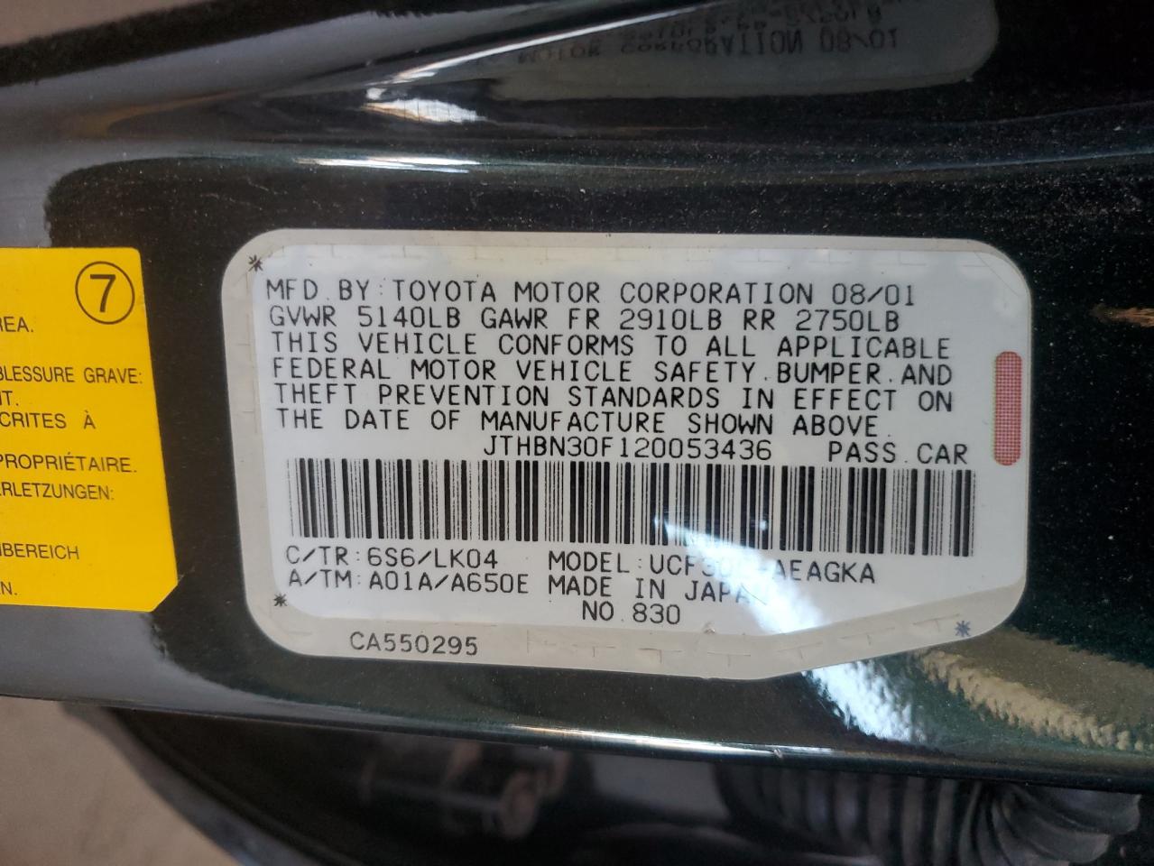 2002 Lexus Ls 430 VIN: JTHBN30F120053436 Lot: 62014325