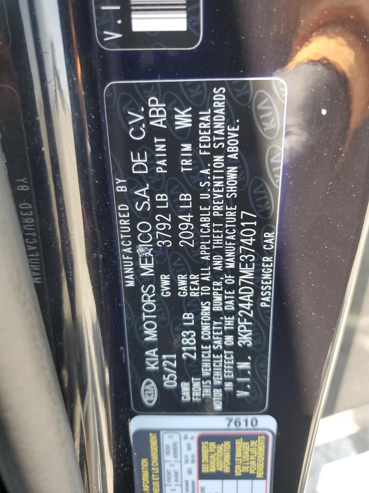 2021 Kia Forte Fe VIN: 3KPF24AD7ME374017 Lot: 93766685