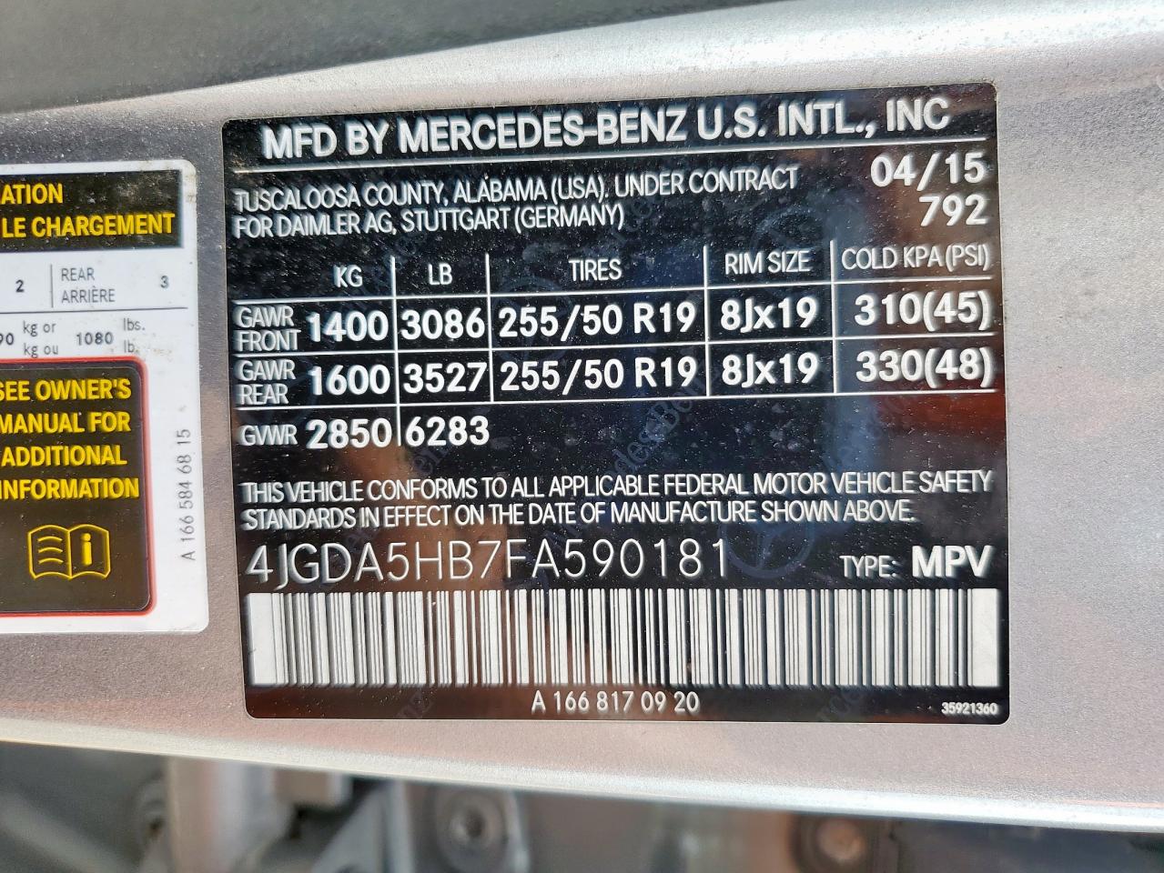 2015 Mercedes-Benz Ml 350 4Matic VIN: 4JGDA5HB7FA590181 Lot: 60351735