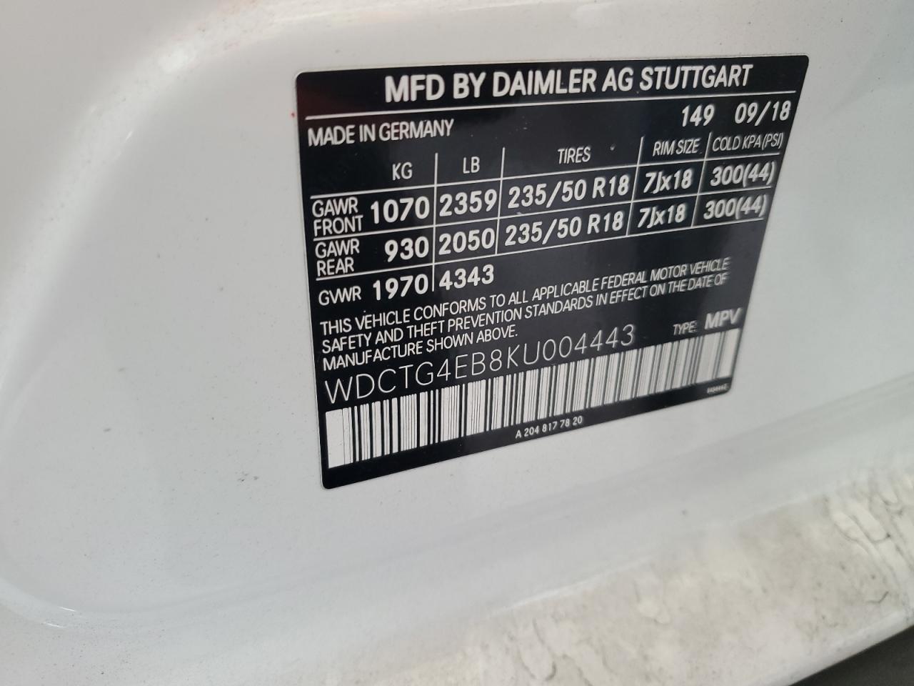 2019 Mercedes-Benz Gla 250 VIN: WDCTG4EB8KU004443 Lot: 61692845