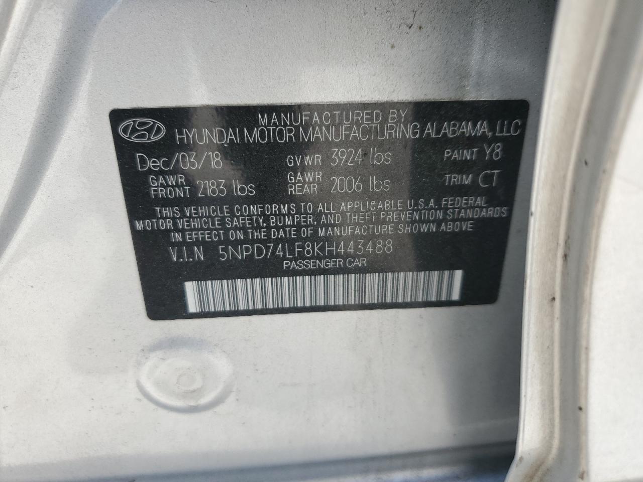 5NPD74LF8KH443488 HYUNDAI ELANTRA 2019