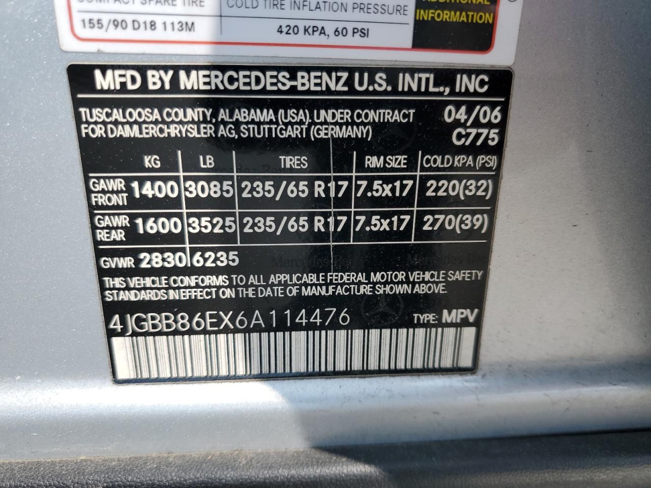 2006 Mercedes-Benz Ml 350 VIN: 4JGBB86EX6A114476 Lot: 58152025