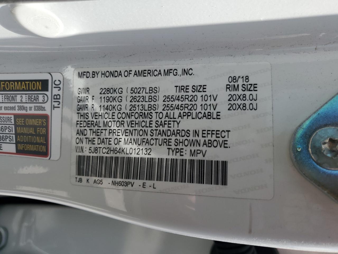 2019 Acura Rdx A-Spec VIN: 5J8TC2H64KL012132 Lot: 59639235