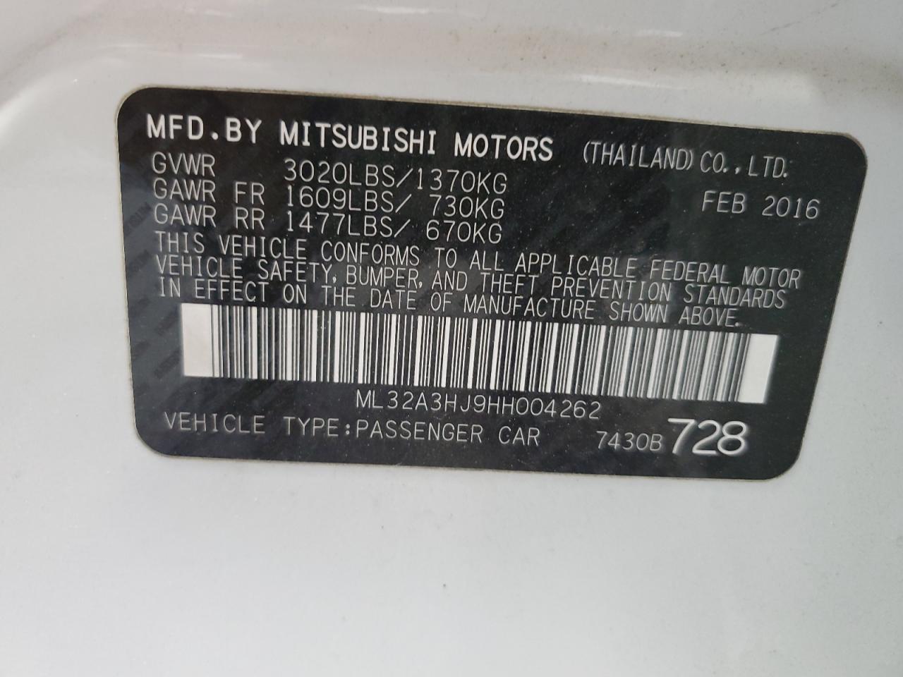 2017 Mitsubishi Mirage Es VIN: ML32A3HJ9HH004262 Lot: 61123135