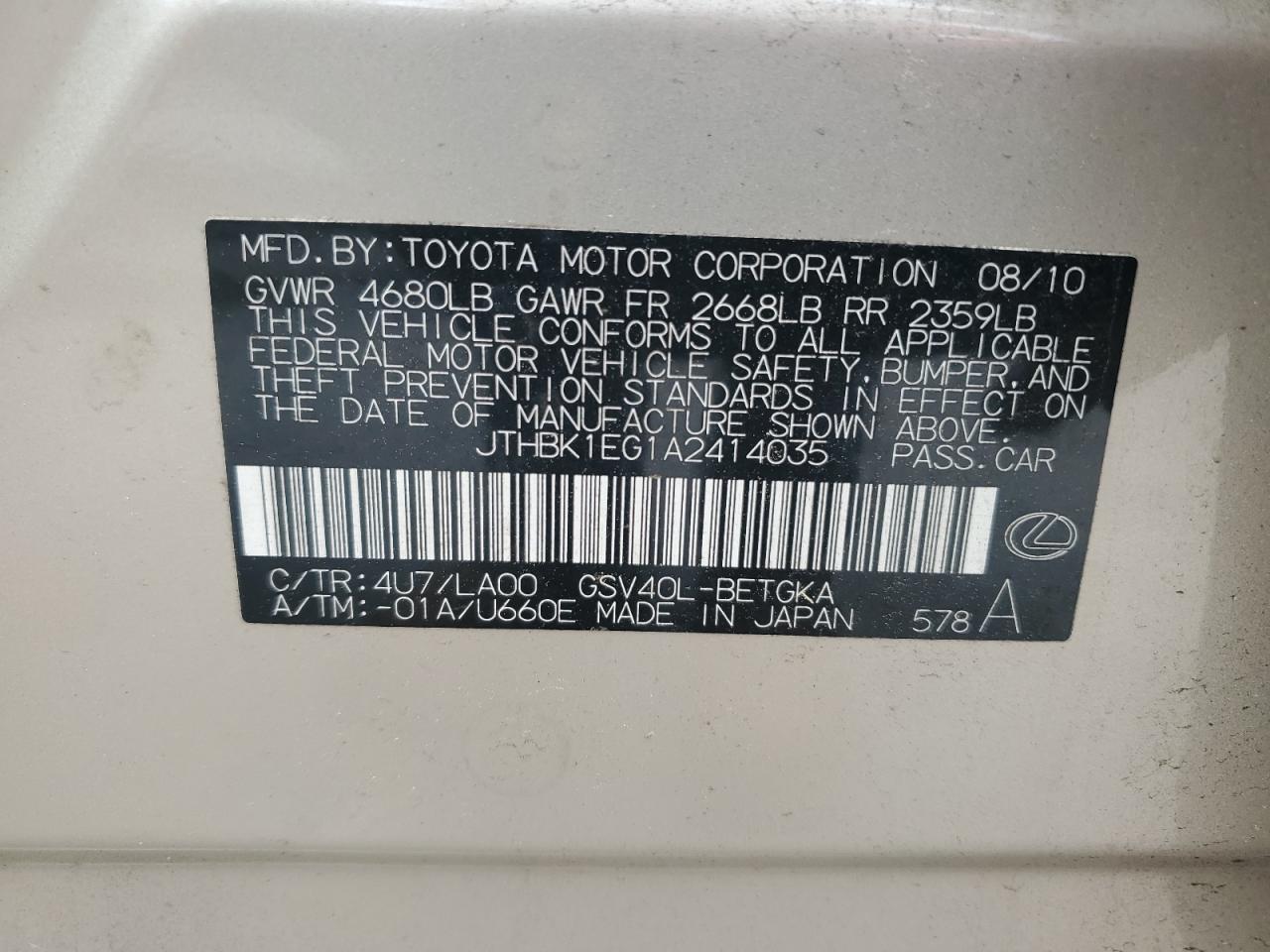 2010 Lexus Es 350 VIN: JTHBK1EG1A2414035 Lot: 60437745