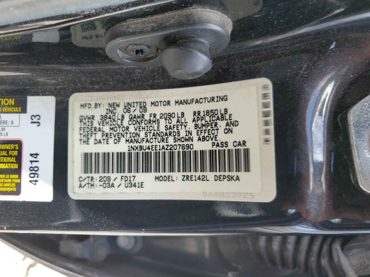 2010 Toyota Corolla Base VIN: 1NXBU4EE1AZ207690 Lot: 62593185