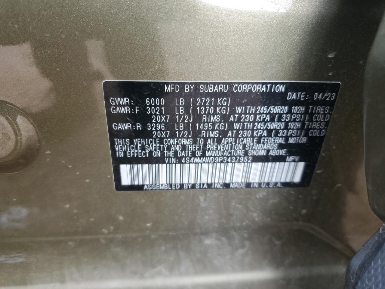 2023 Subaru Ascent Touring VIN: 4S4WMAWD9P3437952 Lot: 62416075