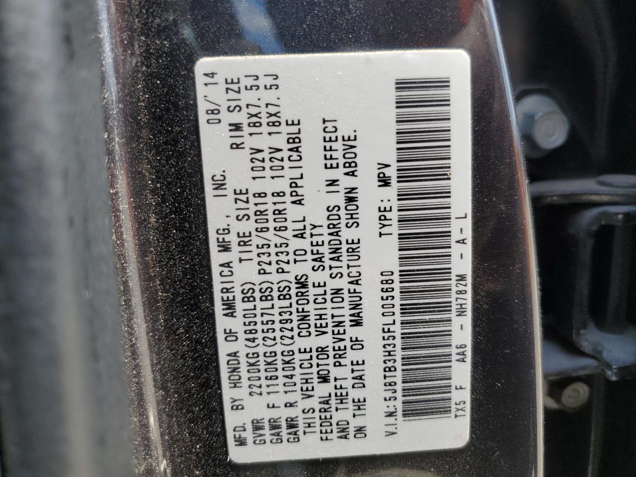 2015 Acura Rdx VIN: 5J8TB3H35FL005680 Lot: 62157495