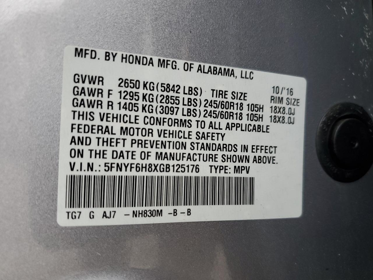 5FNYF6H8XGB125176 HONDA PILOT 2016