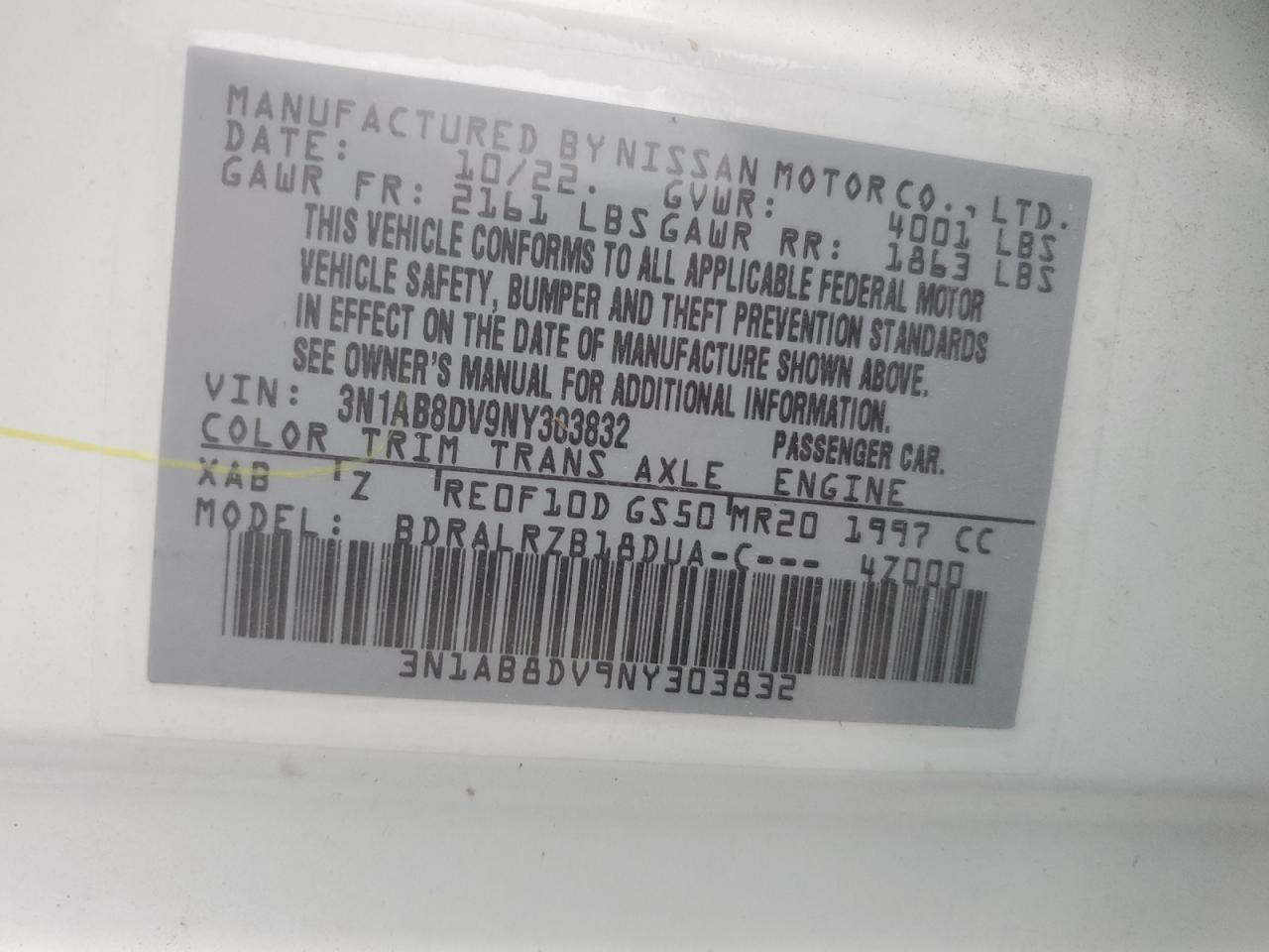 2022 Nissan Sentra Sr VIN: 3N1AB8DV9NY303832 Lot: 59053345
