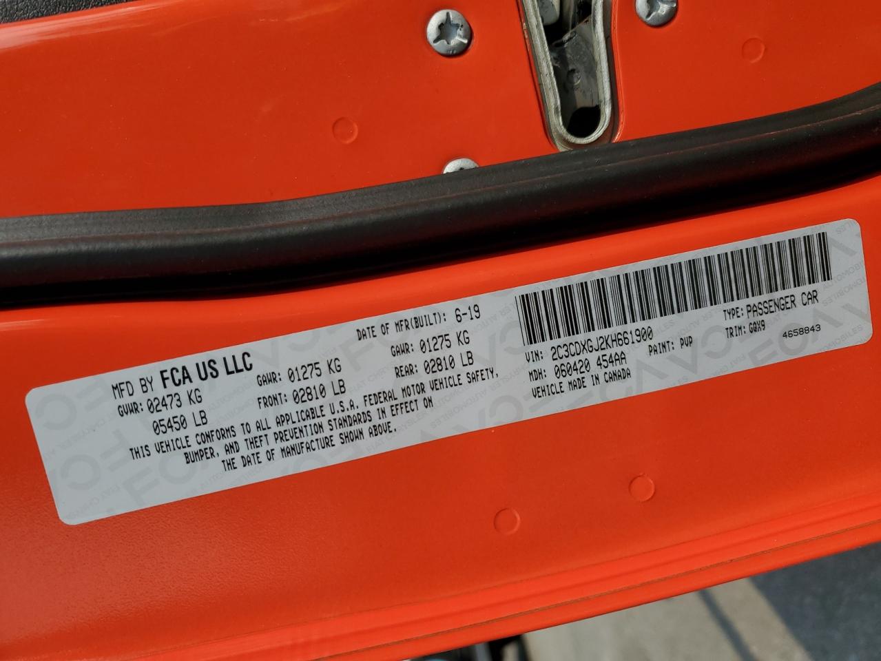 2019 Dodge Charger Scat Pack VIN: 2C3CDXGJ2KH661900 Lot: 59493135