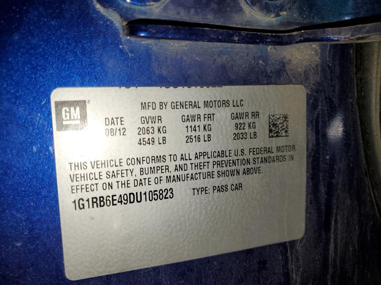 2013 Chevrolet Volt VIN: 1G1RB6E49DU105823 Lot: 61767035