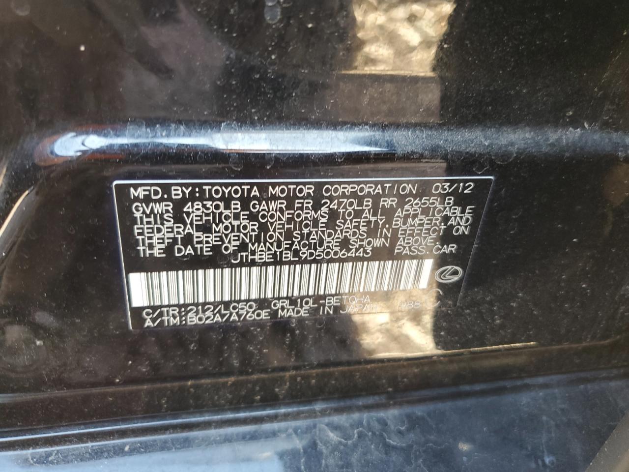 2013 Lexus Gs 350 VIN: JTHBE1BL9D5006443 Lot: 61635365