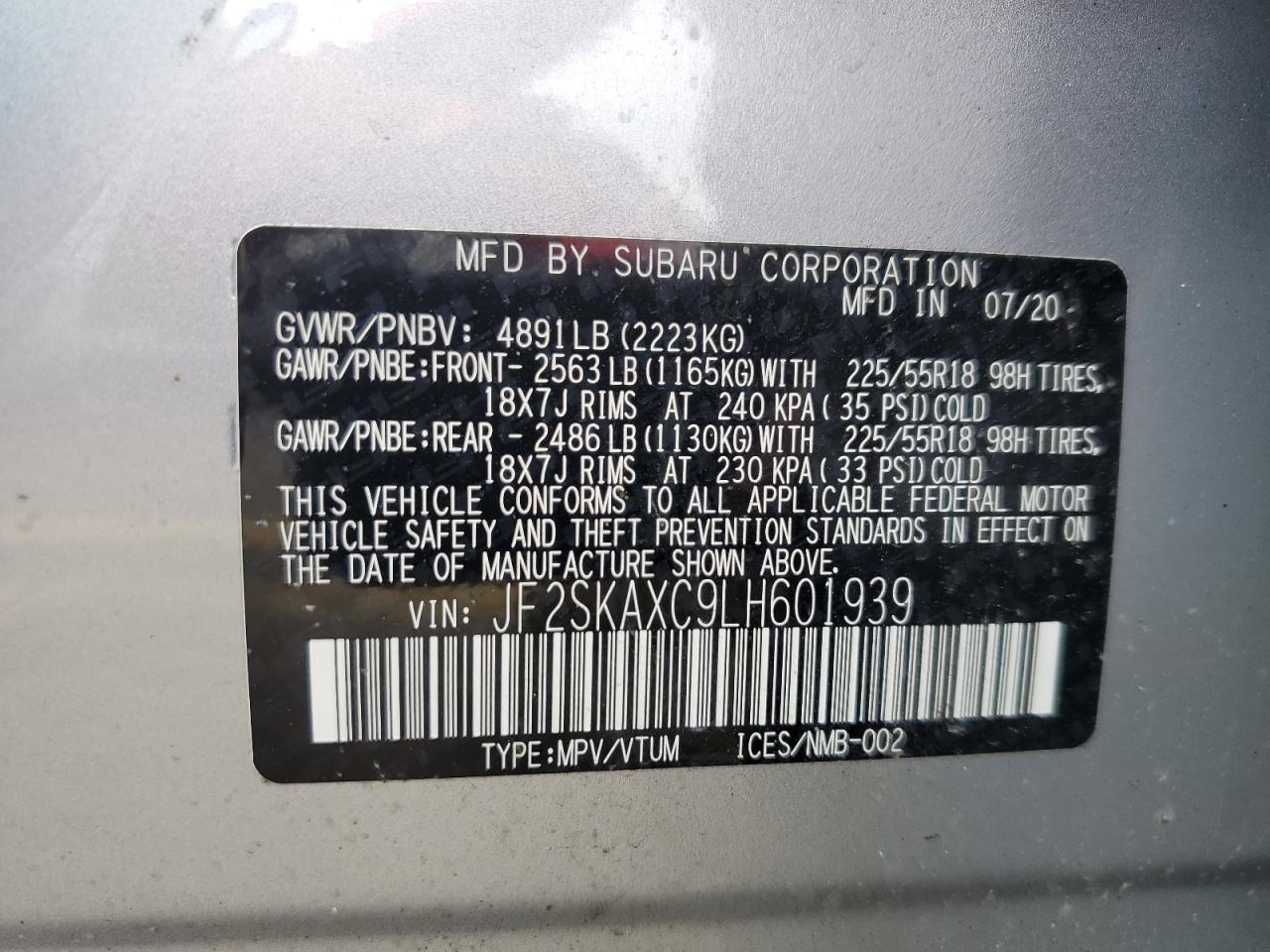 2020 Subaru Forester Touring VIN: JF2SKAXC9LH601939 Lot: 62868535