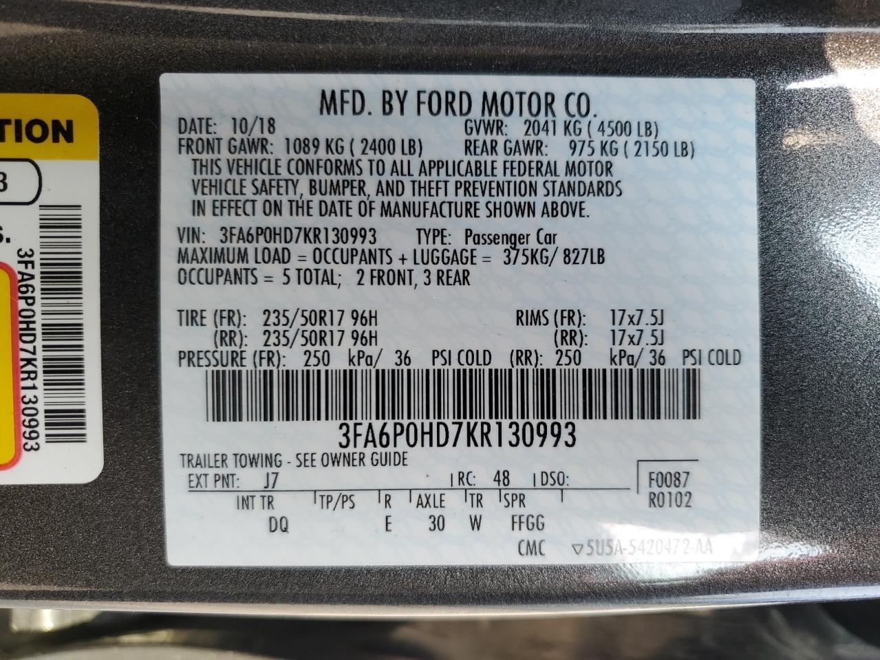 3FA6P0HD7KR130993 FORD FUSION 2019