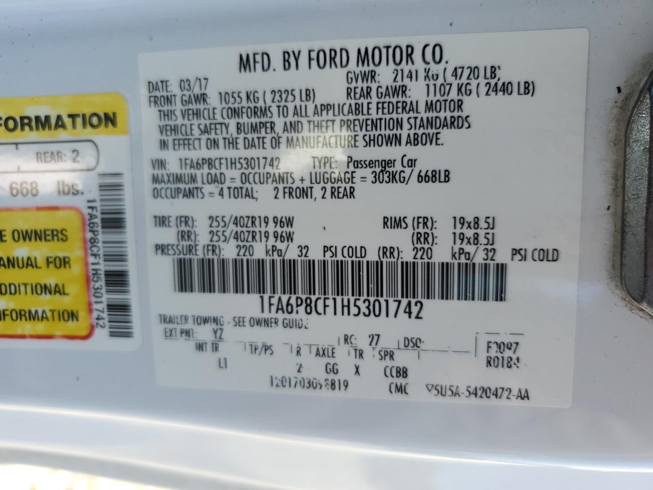 1FA6P8CF1H5301742 FORD MUSTANG 2017