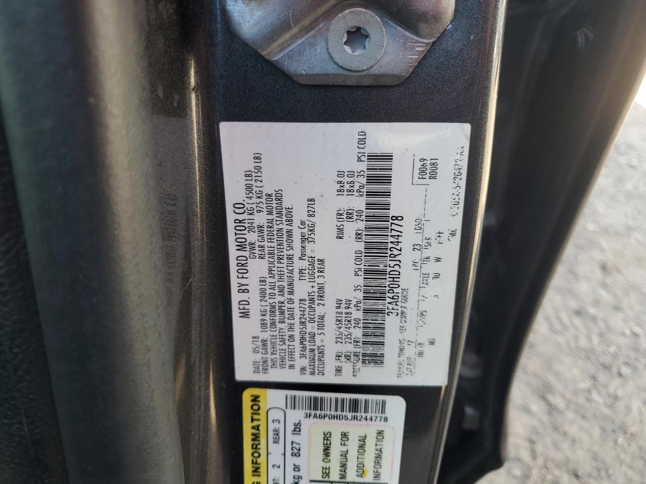 2018 Ford Fusion Se VIN: 3FA6P0HD5JR244778 Lot: 61695465
