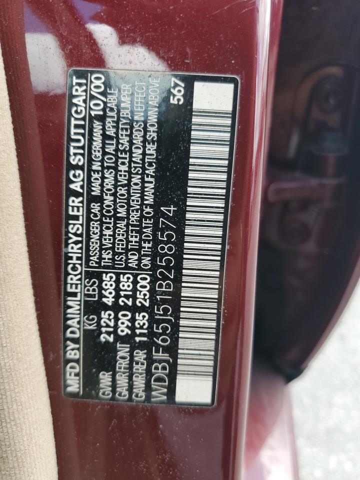 2001 Mercedes-Benz E 320 VIN: WDBJF65J51B258574 Lot: 61966765