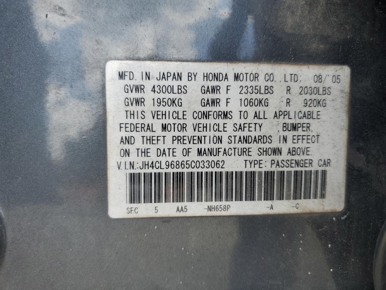 2005 Acura Tsx VIN: JH4CL96865C033062 Lot: 70702255