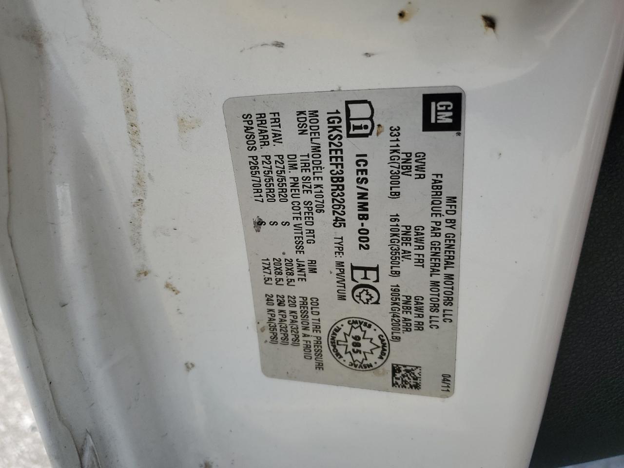 2011 GMC Yukon Denali VIN: 1GKS2EEF3BR326245 Lot: 60188435