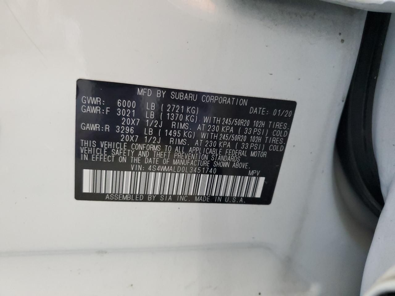 2020 Subaru Ascent Limited VIN: 4S4WMALD0L3451740 Lot: 62207365