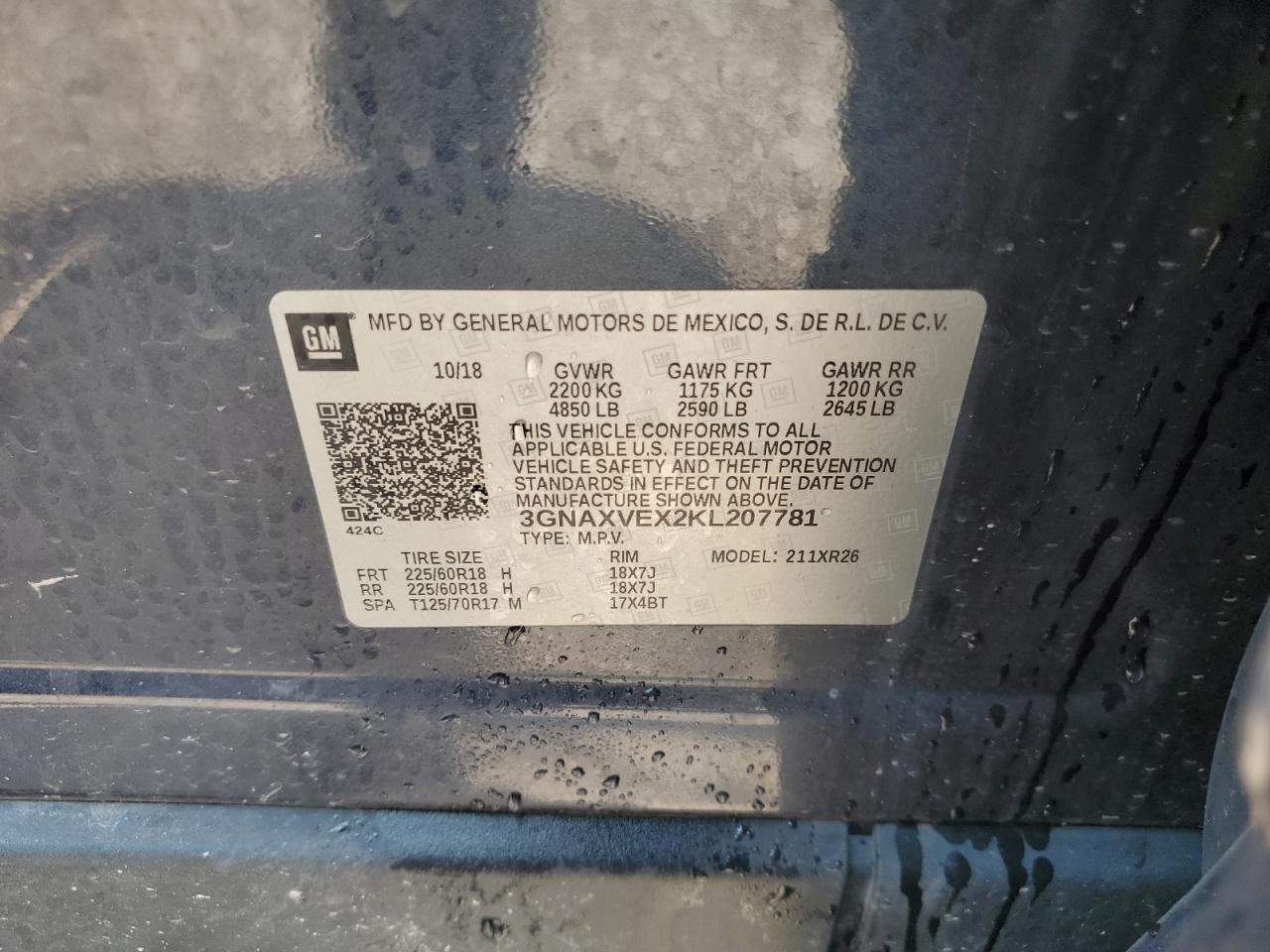 3GNAXVEX2KL207781 CHEVROLET EQUINOX 2019