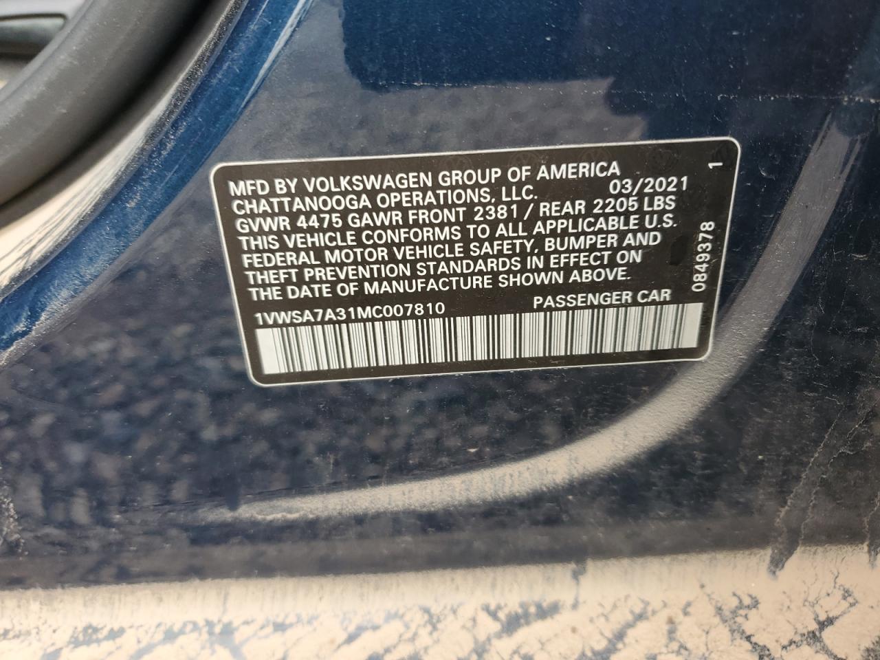 2021 Volkswagen Passat Se VIN: 1VWSA7A31MC007810 Lot: 62572345