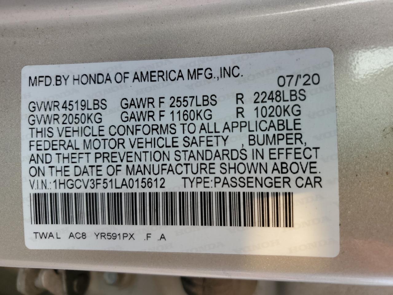 1HGCV3F51LA015612 HONDA ACCORD 2020