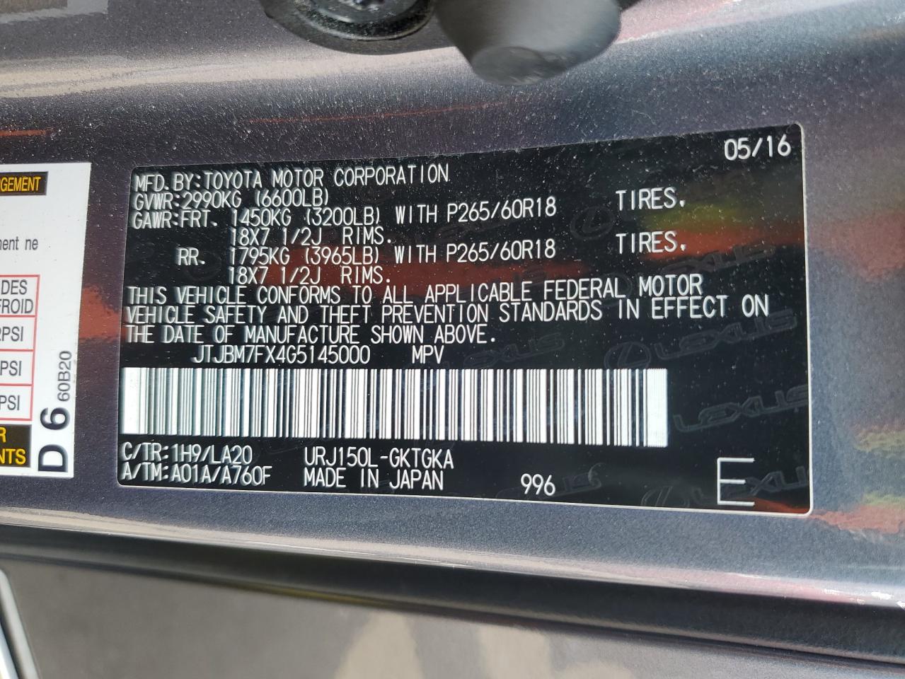 2016 Lexus Gx 460 VIN: JTJBM7FX4G5145000 Lot: 60066595