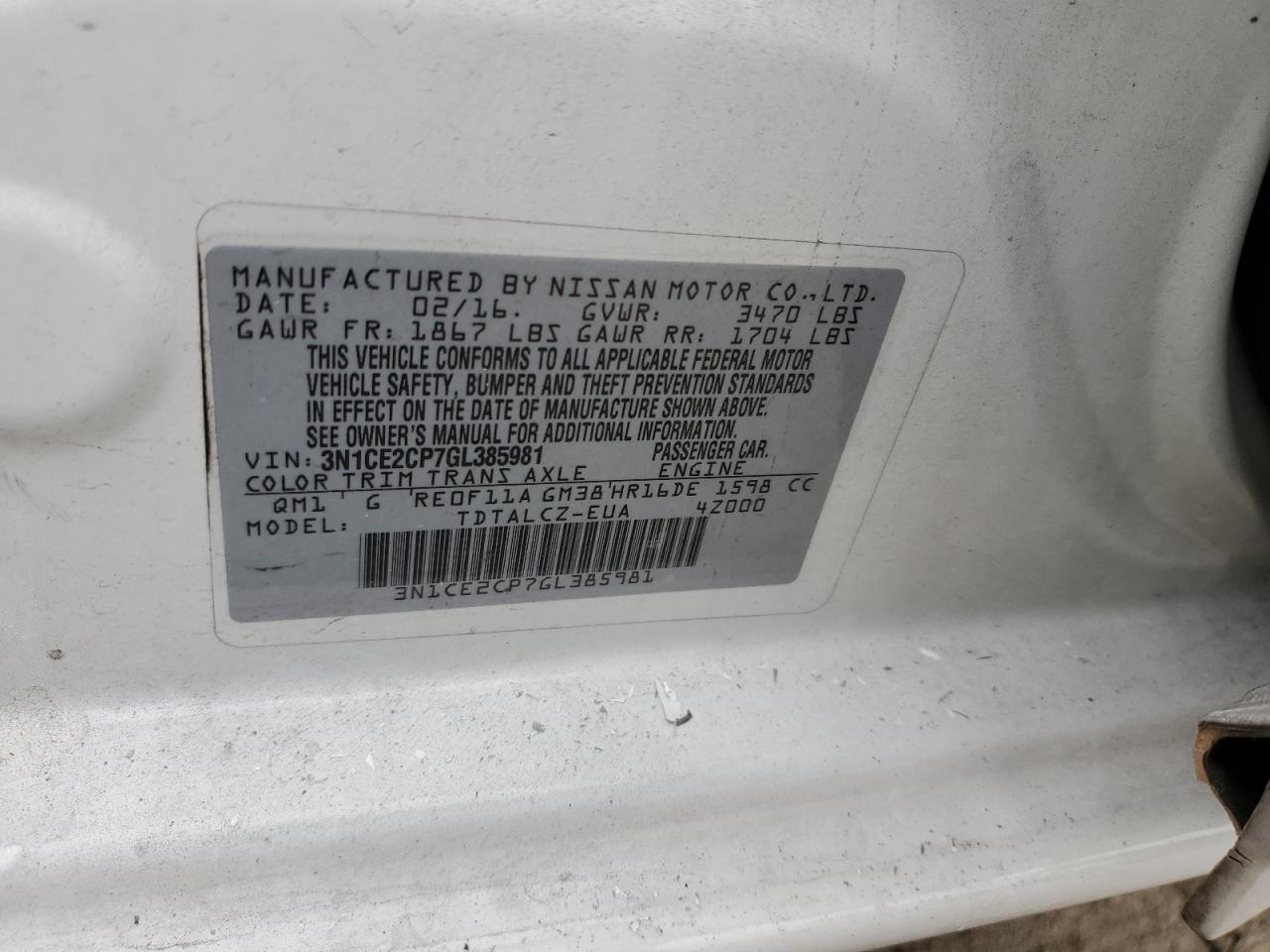 3N1CE2CP7GL385981 NISSAN VERSA 2016