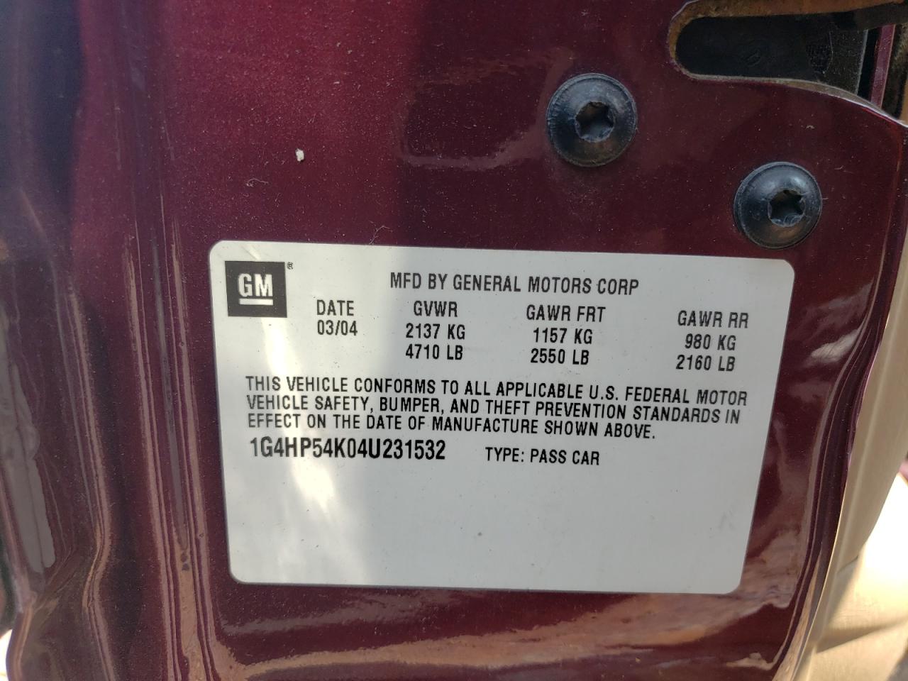 2004 Buick Lesabre Custom VIN: 1G4HP54K04U231532 Lot: 59143465