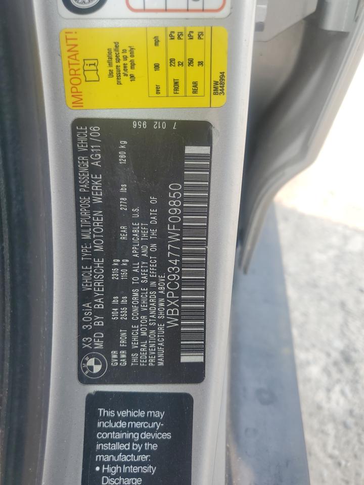 2007 BMW X3 3.0Si VIN: WBXPC93477WF09850 Lot: 58338505