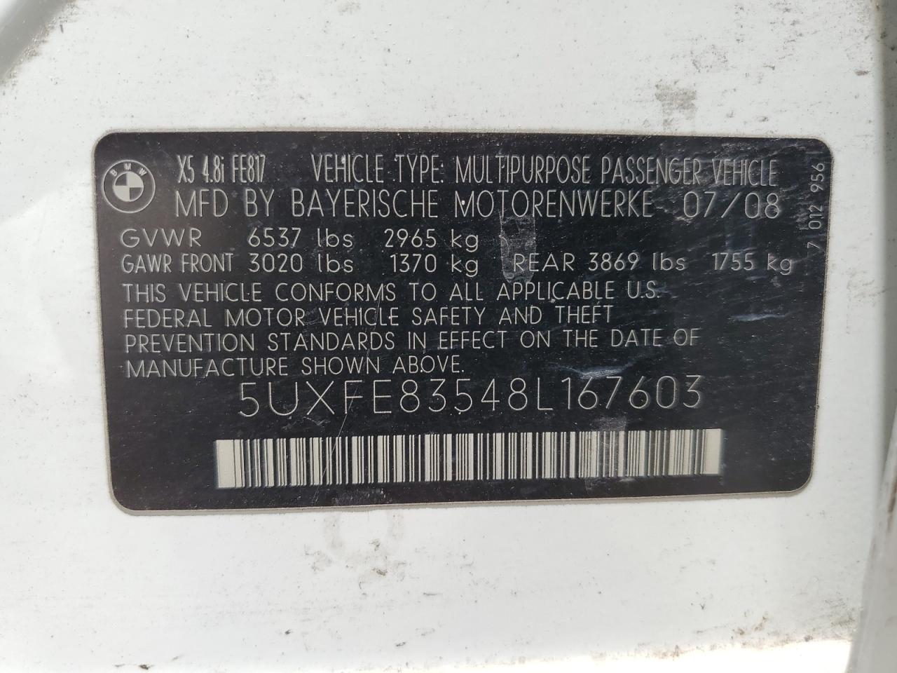 2008 BMW X5 4.8I VIN: 5UXFE83548L167603 Lot: 62662425