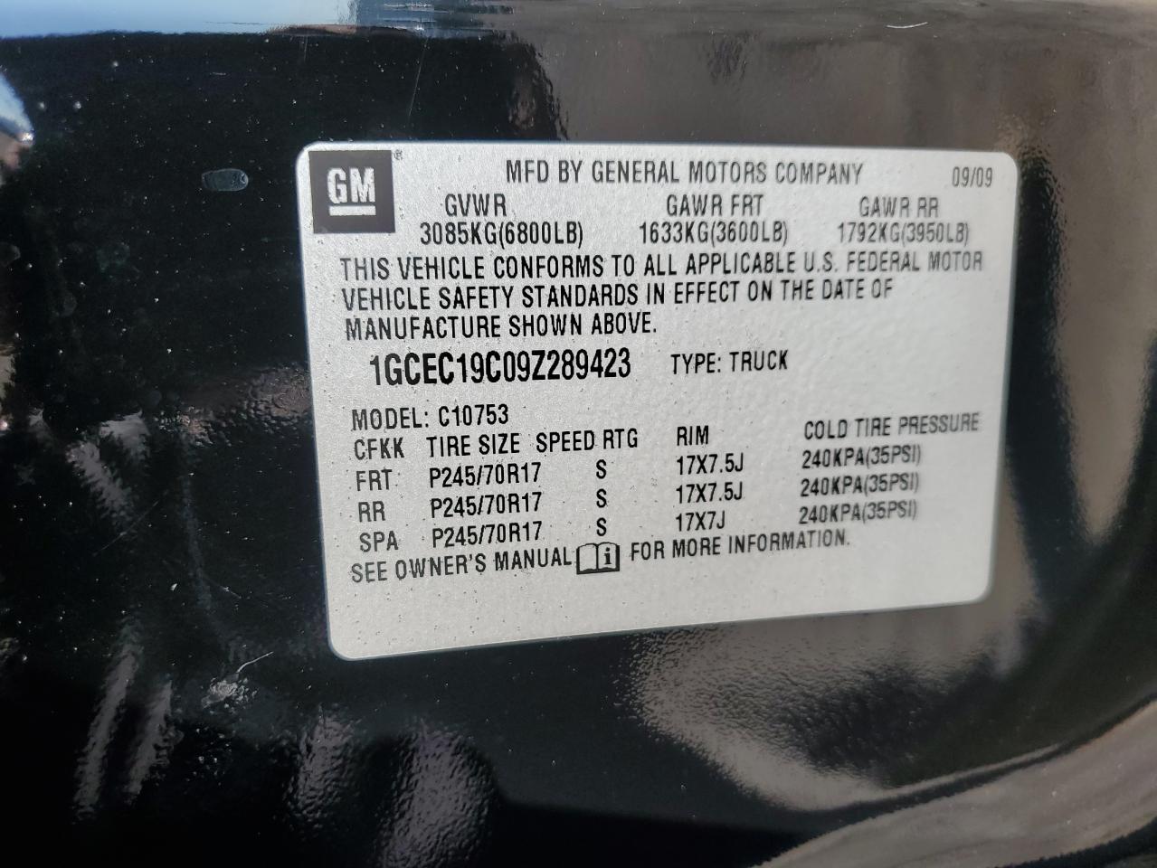 CHEVROLET ALL Models 2009 VIN 1GCEC19C09Z289423 photo 12