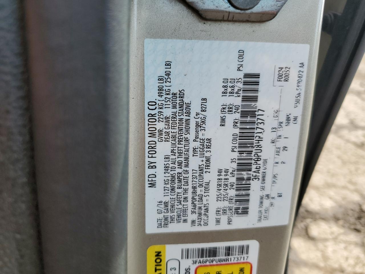 3FA6P0PU8HR173717 FORD FUSION 2017