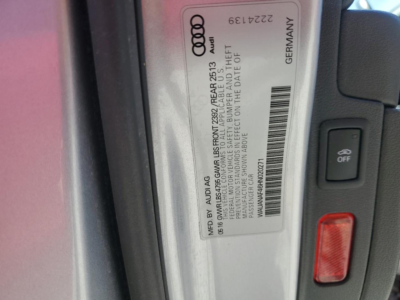 2017 Audi A4 Premium VIN: WAUANAF46HN020271 Lot: 62392535