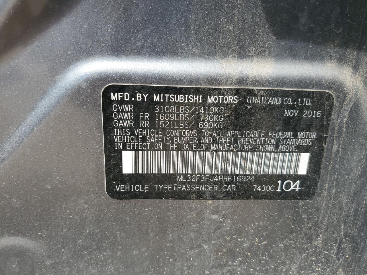 2017 Mitsubishi Mirage G4 Es VIN: ML32F3FJ4HHF16924 Lot: 59278355