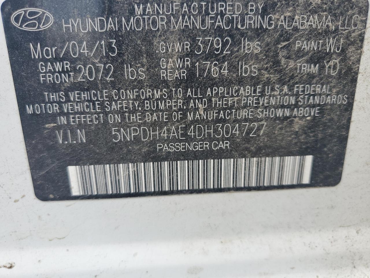 2013 Hyundai Elantra Gls VIN: 5NPDH4AE4DH304727 Lot: 62575475