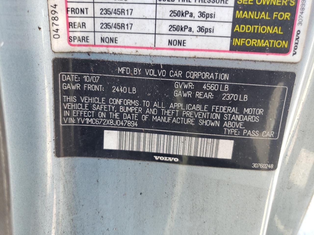2008 Volvo C70 T5 VIN: YV1MC672X8J047894 Lot: 61343255