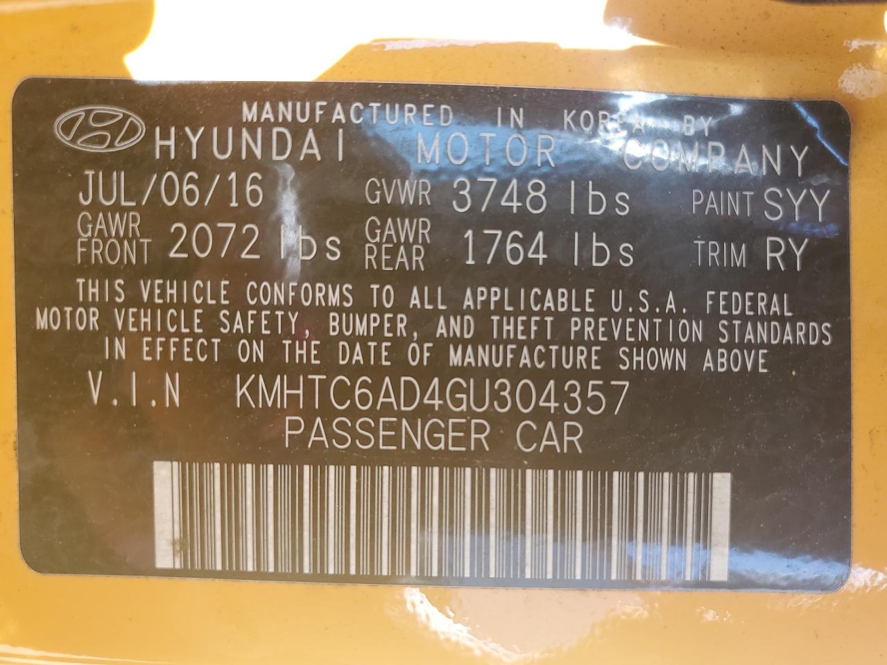 2016 Hyundai Veloster VIN: KMHTC6AD4GU304357 Lot: 61473965