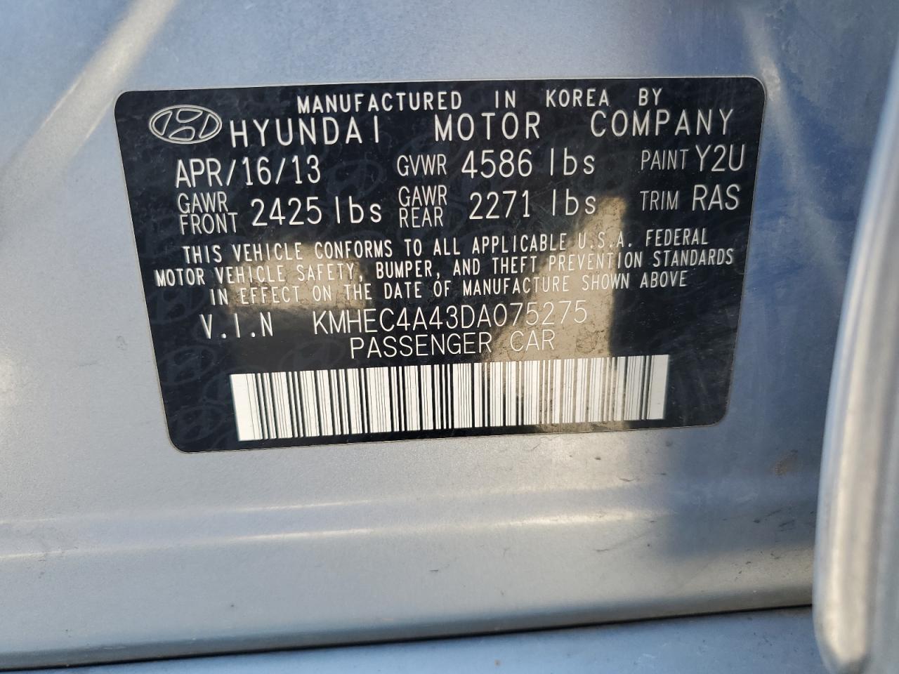 2013 Hyundai Sonata Hybrid VIN: KMHEC4A43DA075275 Lot: 59588355