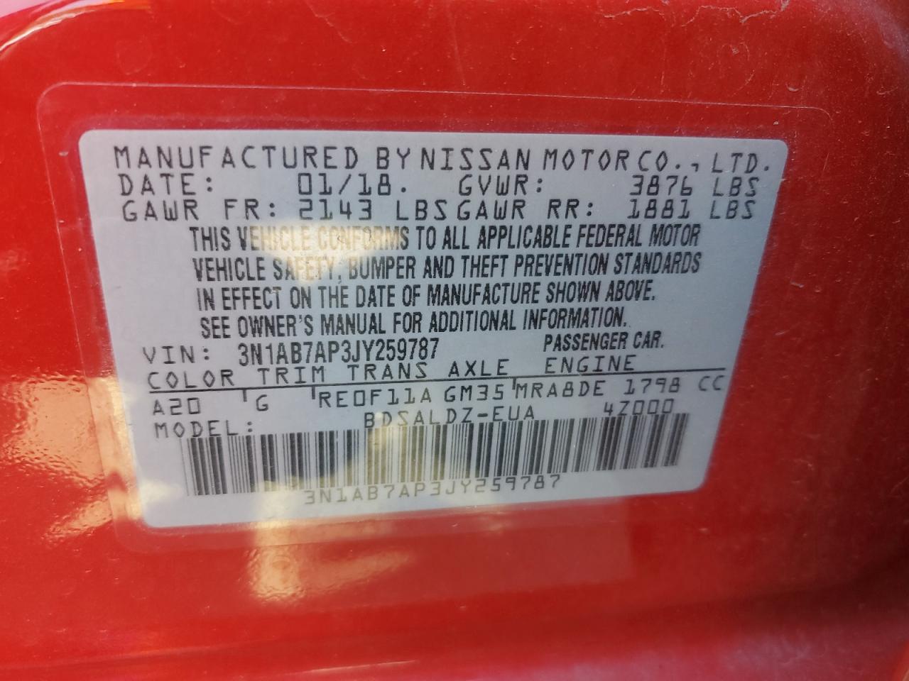 3N1AB7AP3JY259787 NISSAN SENTRA 2018